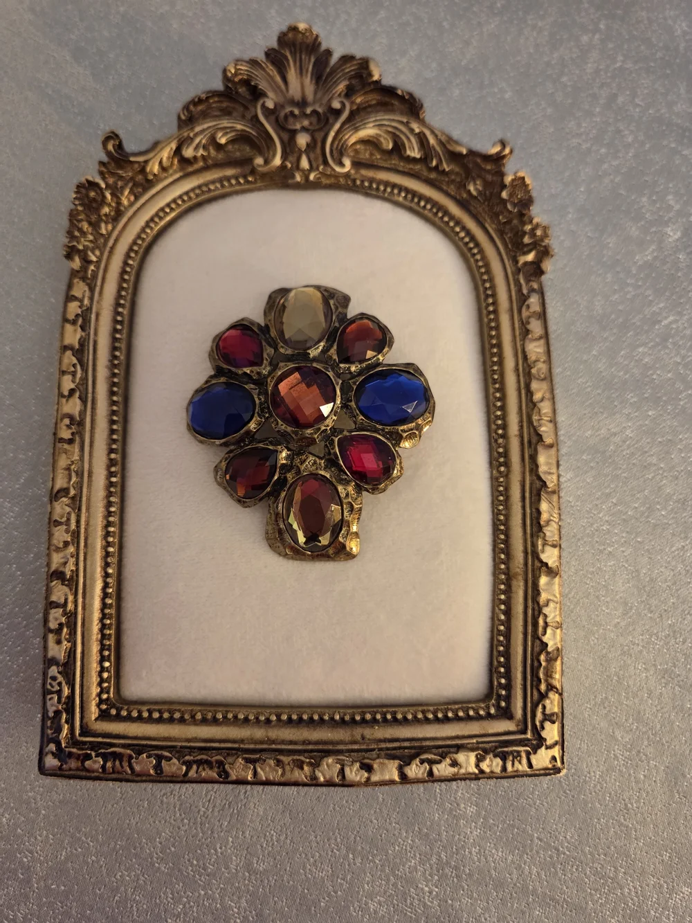 Genuine Vintage Gold-Tone Brooch/pin with Blue, Red, and Amber Glass Stone Inlay